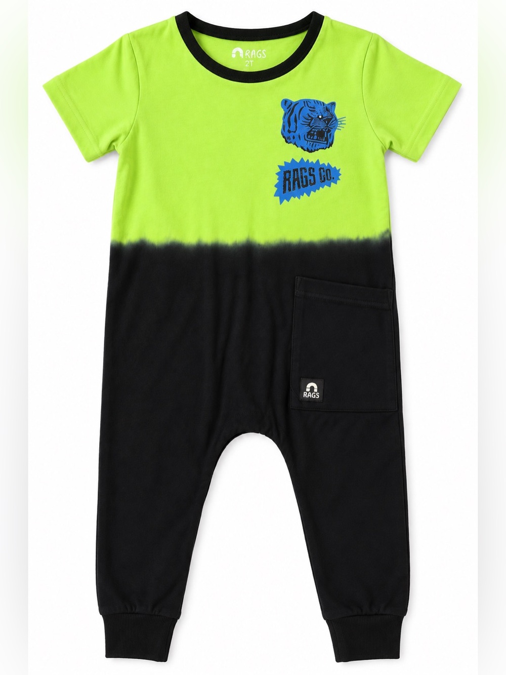 RAGS Boys Green Black Colorblock Jumpsuit Romper Tiger Graphic Size 2T
